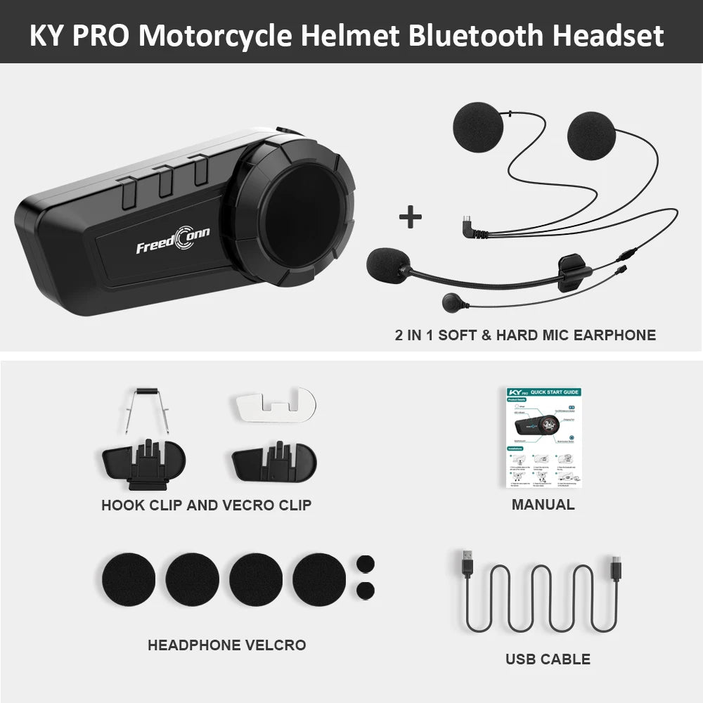 Intercom Moto Bluetooth FreedConn KY‑Pro – 6 Riders | 1000 m | Réduction de Bruit