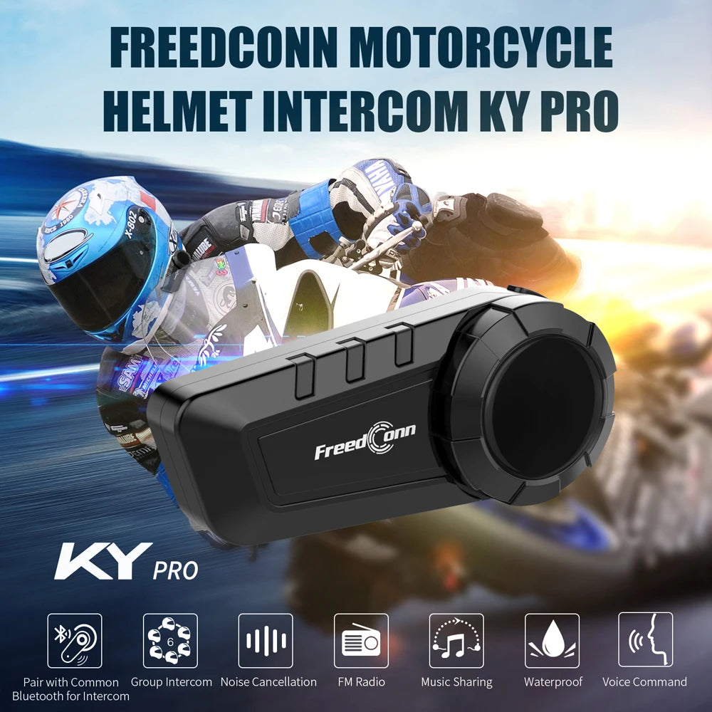Intercom Moto Bluetooth FreedConn KY‑Pro – 6 Riders | 1000 m | Réduction de Bruit