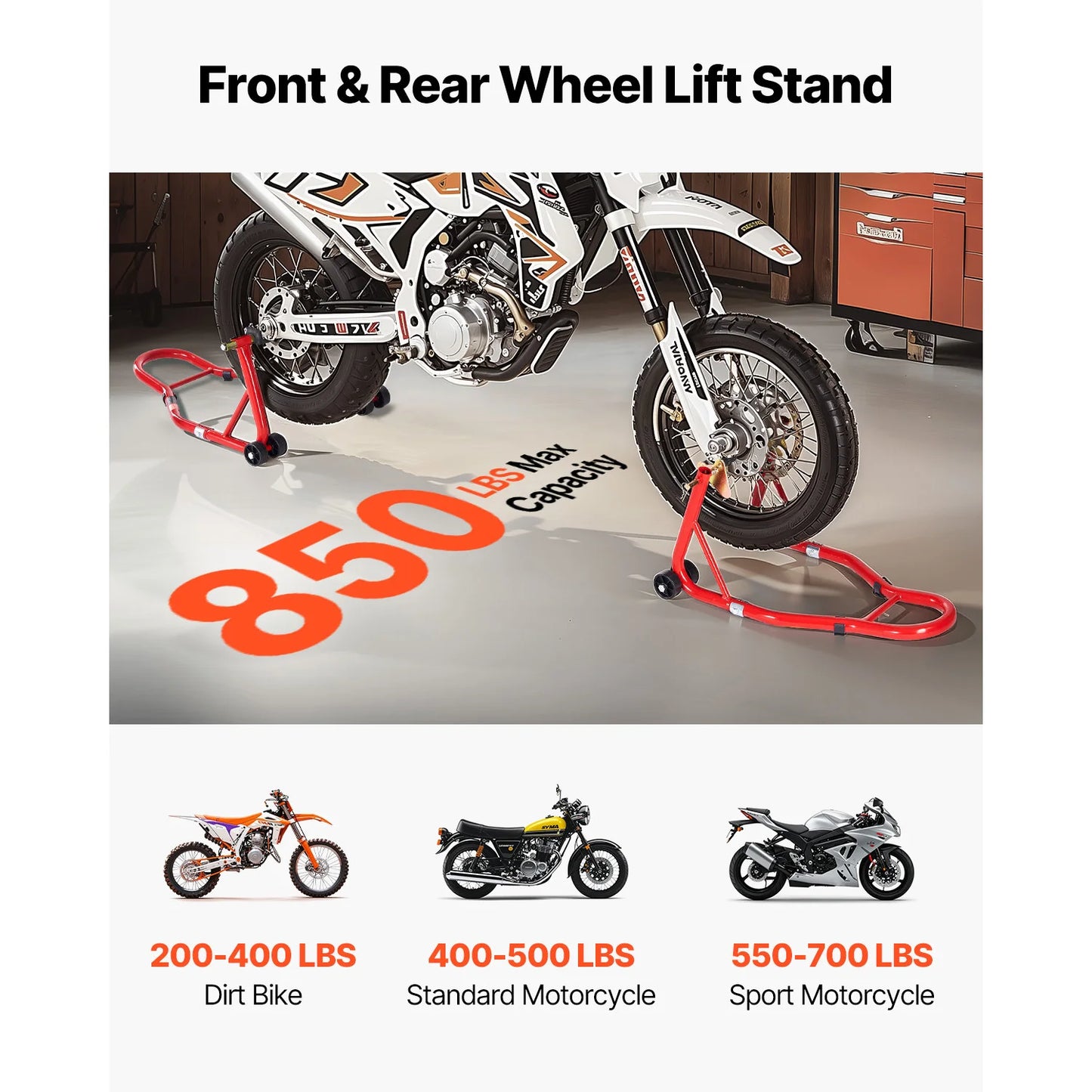 Béquille Moto Avant & Arrière Universelle 850kg – Support d’Entretien Acier Renforcé avec Roulettes & Réglage Ajustable