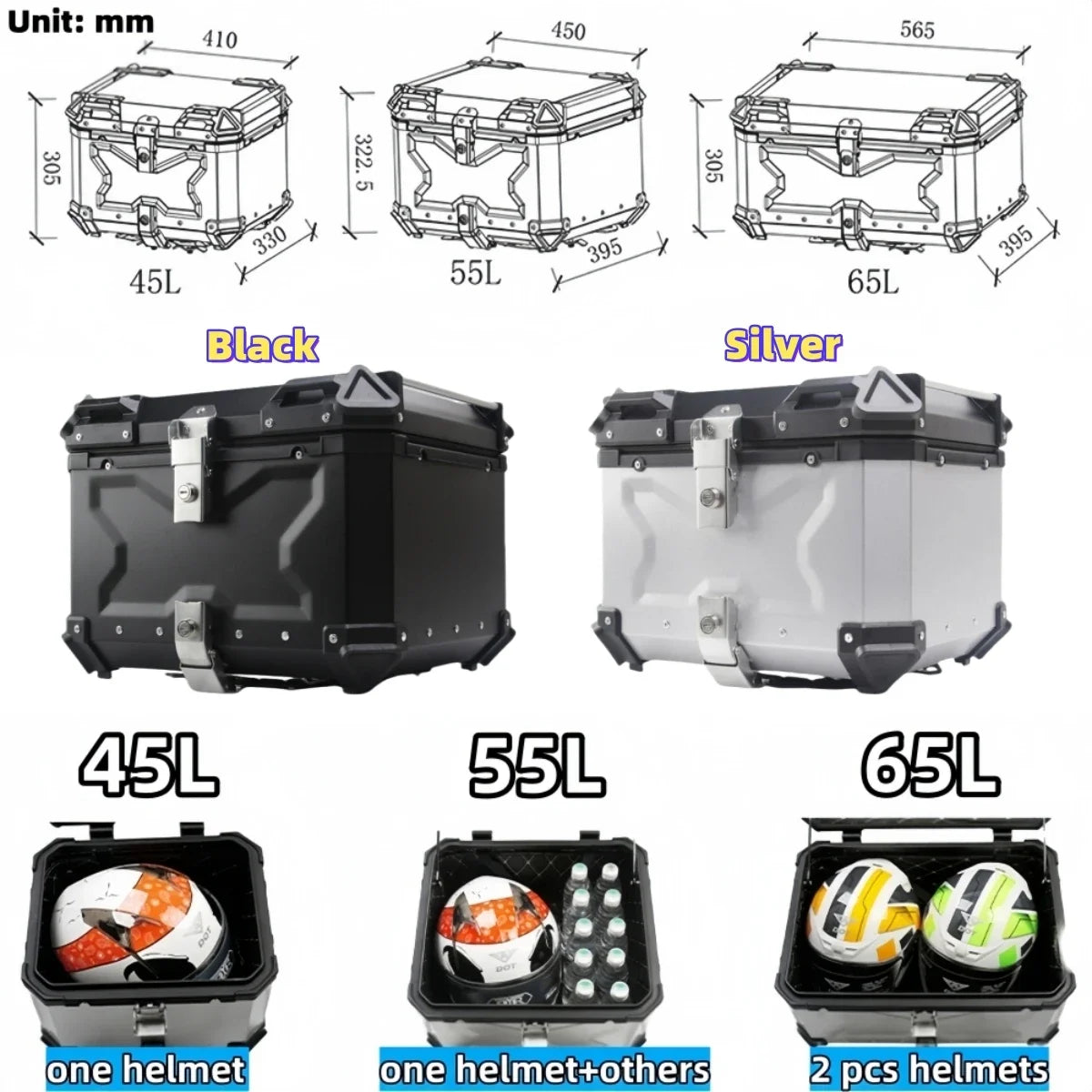 Top case moto étanche 45L / 55L / 65L en alliage d’aluminium – coffre arrière universel compatible avec la plupart des motos et scooters