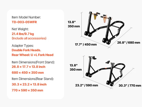 Béquille Moto Avant & Arrière Universelle 850kg – Support d’Entretien Acier Renforcé avec Roulettes & Réglage Ajustable
