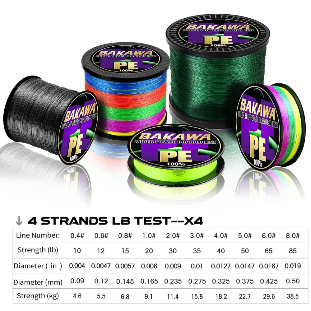 Fil Tressé BAKAWA X4 100M–1000M – Ligne Multifilament Haute Résistance Anti‑Abrasion PE Japonais