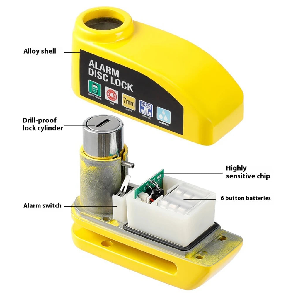 Antivol de disque de frein pour moto avec alarme, cadenas de sécurité pour roue, étanche, alarme puissante de 110 dB, système antivol pour moto avec verrou de disque.