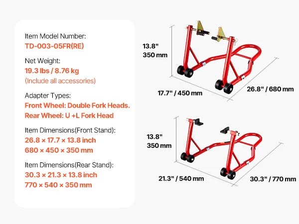 Béquille Moto Avant & Arrière Universelle 850kg – Support d’Entretien Acier Renforcé avec Roulettes & Réglage Ajustable