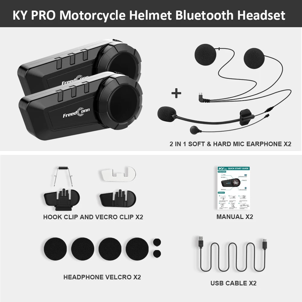 Intercom Moto Bluetooth FreedConn KY‑Pro – 6 Riders | 1000 m | Réduction de Bruit