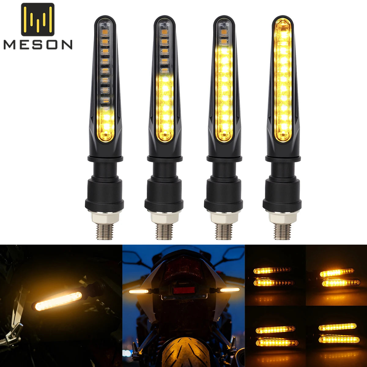 Clignotants LED pour moto universels avec feu de jour (DRL), clignotants à défilement ambre, indicateurs directionnels, feu arrière clignotant.