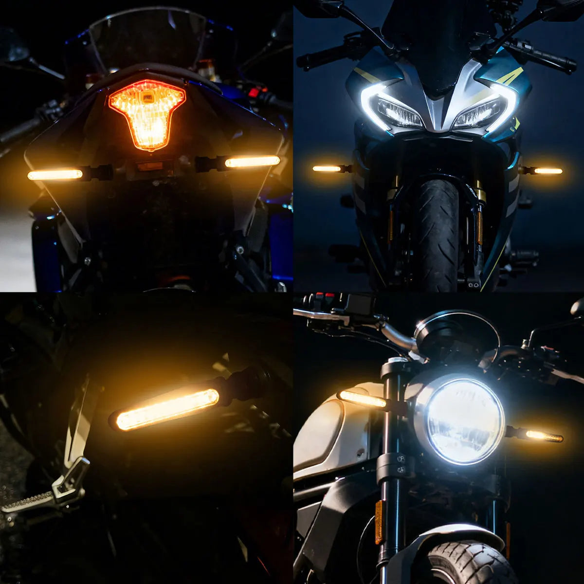 Clignotants LED pour moto universels avec feu de jour (DRL), clignotants à défilement ambre, indicateurs directionnels, feu arrière clignotant.